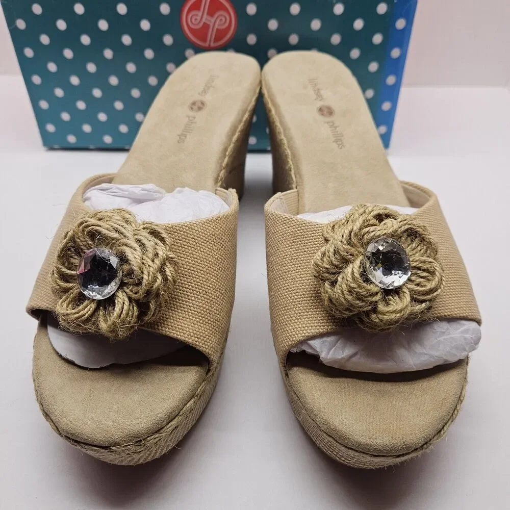 NEW Lindsay Phillips Devon light brown Wedge platform sandal size 9.5 snap shoes - Picture 2 of 8